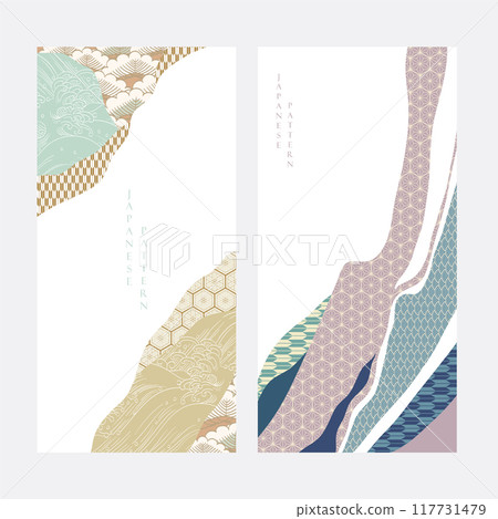 Japanese template vector. Hand drawn wave, bonsai tree, geometric pattern background. Line pattern in Asian style with Japanese pattern. Chinese sea in oriental arts vintage style. 117731479