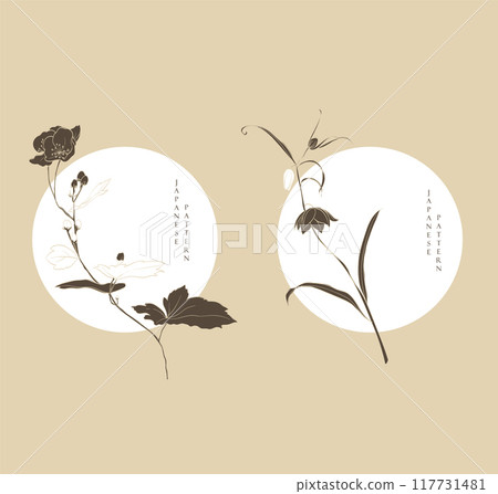 Set of hand drawn branch of flower with Japanese pattern vector. Oriental decoration with logo design, flyer or presentation in vintage style 117731481