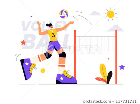 A Flat Style Vector Illustration of a Volleyball Player on the Attack, for a Sports Competition Series with a Cartoon Background 117731711