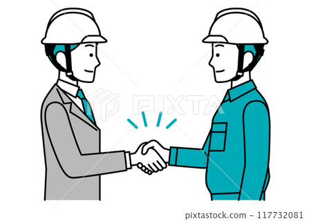A man in a suit and green work clothes shaking hands 117732081