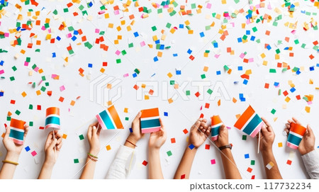 Celebration of India Independence Day with Diverse Hands Holding Indian Flags and Colorful Confetti Celebration of India Independence Day with Diverse Hands Holding Indian Flags and Colorful Confetti 117732234