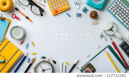 Colorful Education Back to School Background with Stationery Supplies on White Desk for Learning and Creativity Colorful Education Back to School Background with Stationery Supplies on White Desk for Learning and Creativity 117732292