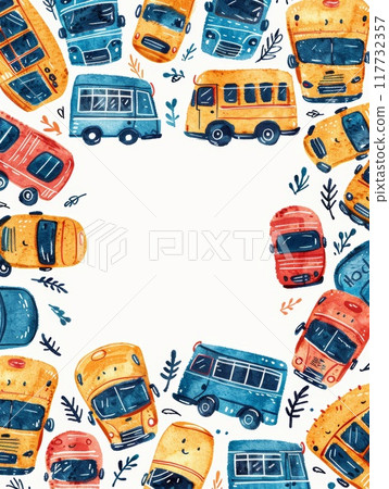 Colorful Back to School Frame Background with Hand-Drawn Buses and Leaves for Educational and Creative Projects Colorful Back to School Frame Background with Hand-Drawn Buses and Leaves for Educational and Creative Projects 117732357