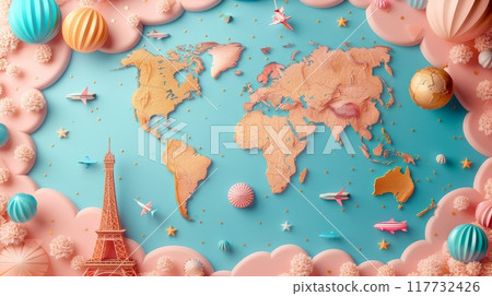 World Photography Day Celebration with Pastel Background Featuring Global Landmarks and Decorative Elements 117732426