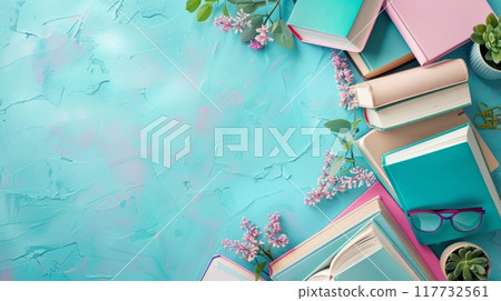 Colorful Border Frame Background with Back to School Concept Featuring Books, Flowers, and Glasses on a Textured Blue Surface 117732561
