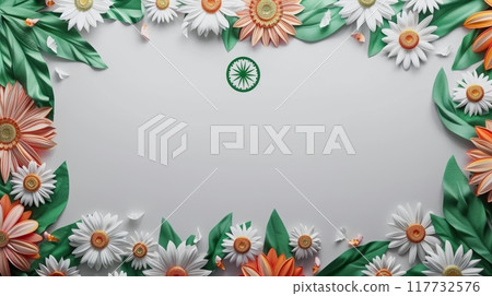 India Independence Day Celebration Background with Indian Flag Colors and Floral Decorations 117732576