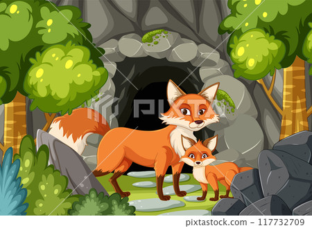 Foxes in Forest Near Cave 117732709