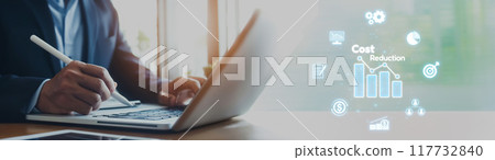 Cost reduction, cost saving concept shown by digital graphic EIDE overlays 117732840