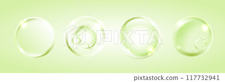 Serum, water drops of liquid or collagen on green background. beauty product, moisture, skincare colorful bubbles. skin care cosmetic hydration spots solution. 117732941