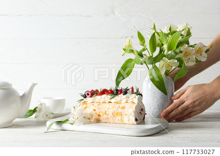 Meringue roll, concept of tasty and delicious food 117733027