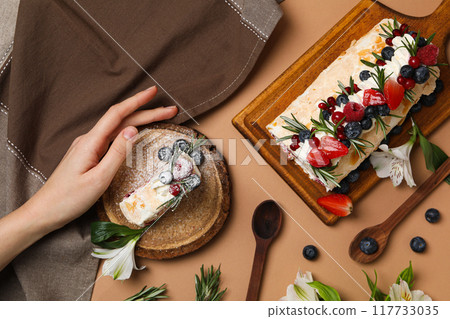 Meringue roll, concept of tasty and delicious food Meringue roll, concept of tasty and delicious food 117733035