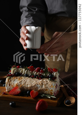 Meringue roll, concept of tasty and delicious food 117733042
