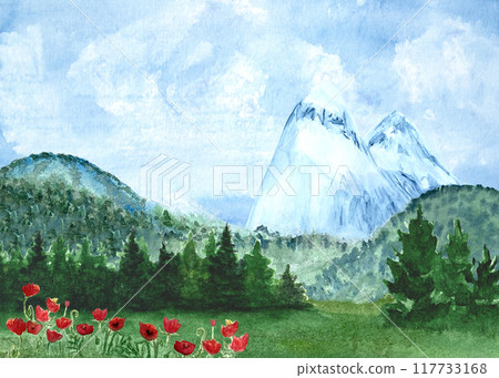 Mountain scenery with forest in the distance and poppies close up. Watercolor hand painted high quality illustration for cards, banners, packages, invitations, notebooks, tourist guides design 117733168