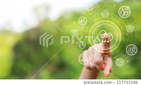 Businessman hand point with tree for co2, ESG and net zero. energy saving concept. save our planet, world environment day, world earth day. sustainable development and green business. 117733388