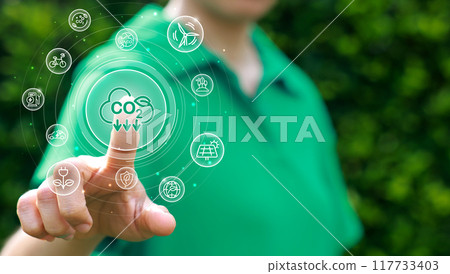 Point by hand with co2, ESG and net zero. Carbon reduction strategy and action to limit climate change and global warming. world environment day, world earth day. green business. Point by hand with co2, ESG and net zero. Carbon reduction strategy and action to limit climate change and global warming. world environment day, world earth day. green business. 117733403