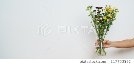 Woman hand hold Colorful flowers bouquet in mason jar on background. Happy day with fresh flower Woman hand hold Colorful flowers bouquet in mason jar on background. Happy day with fresh flower 117733532
