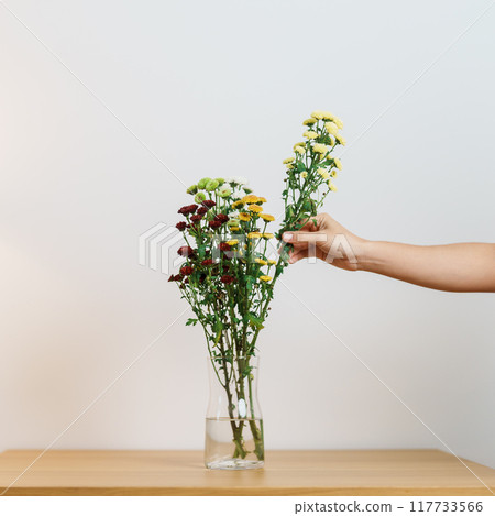 Woman hand arrange Colorful flowers bouquet in mason jar on table background. Happy day with fresh flower Woman hand arrange Colorful flowers bouquet in mason jar on table background. Happy day with fresh flower 117733566