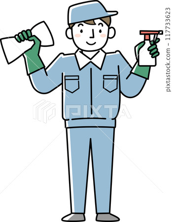 A man in work clothes holding cleaning tools 117733623