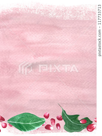 Red pomegranate seeds with leafs watercolor card on pink background. Hand drawn detailed realistic fruit elements for fall harvest cards, culinary designs, home decor, prints. Autumn plant clip art 117733713