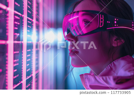 futuristic online shopping technology, females wear visual with pink neon backlights, buying online. 117733905