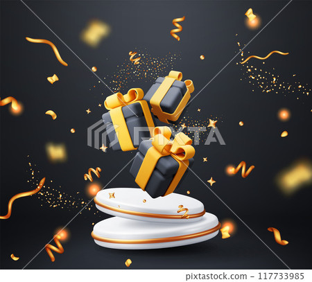 3D gift boxes with white podium in confetti. 117733985