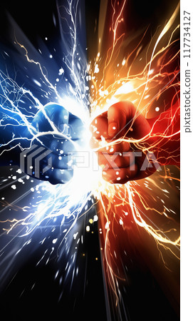 "Fists of red and blue flames clashing in fighting spirit" 117734127
