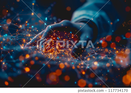 A scientist in a lab uses their hand to interact with a virtual molecular structure. 117734170