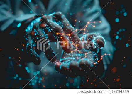 A scientist in a lab uses their hand to interact with a virtual molecular structure. 117734269