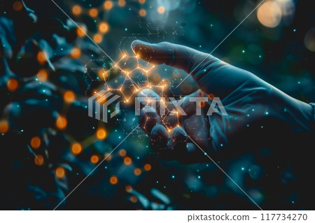 A scientist in a lab uses their hand to interact with a virtual molecular structure. 117734270