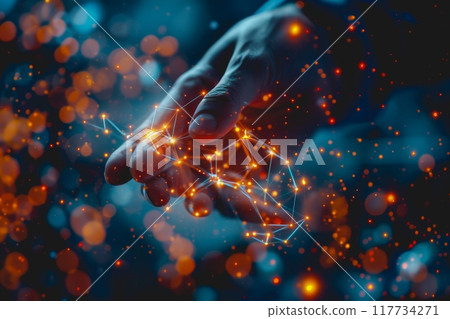 A scientist in a lab uses their hand to interact with a virtual molecular structure. 117734271