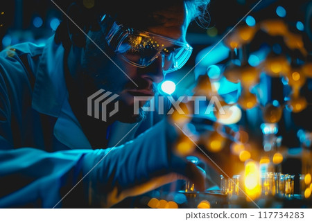 A scientist in a lab uses their hand to interact with a virtual molecular structure. 117734283