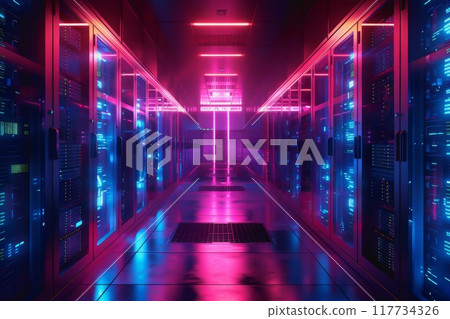 A data center server room with soft light, a modern design with neat cables in the racks 117734326