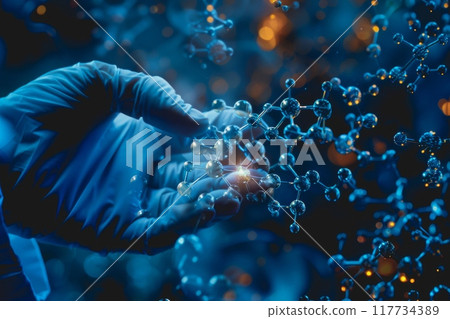 A scientist in a lab uses their hand to interact with a virtual molecular structure. 117734389