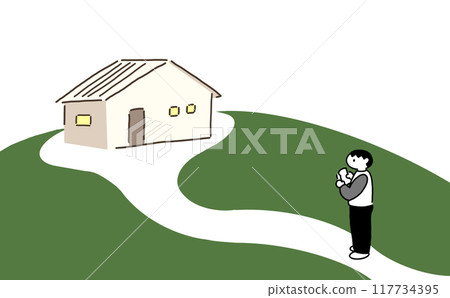 Man standing in front of a white house Man standing in front of a white house 117734395