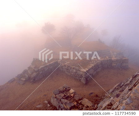 The misty ruins of Takeda Castle rising from a sea of clouds / Asago City, Hyogo Prefecture 117734590