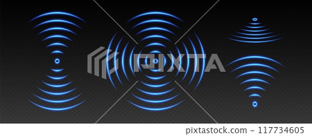 WiFi light effect, sound wave icons, radar signal concept. Blue wireless network glowing elements 117734605