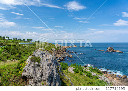 當我回望獨自去青森時停靠的蘆毛崎展望台時，突然看到海岸線上停著一輛白色的列車。 117734695