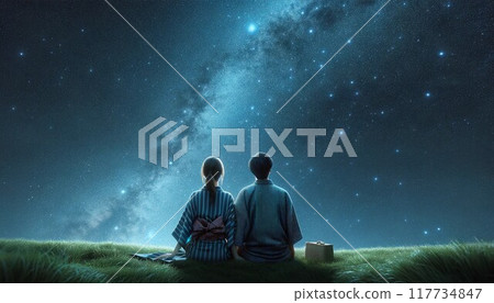 Back view of a man and woman in yukata gazing at the Milky Way 117734847