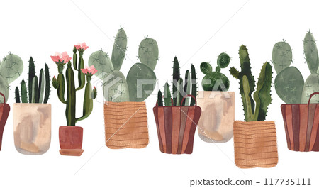 Seamless cactus border. Houseplants in baskets and pots. Plant growing as a hobby. Isolated watercolor illustration on white background. Clipart. Banner for website design. 117735111