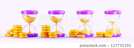 3d time is money, hourglass with stack of gold coin. Animation set of glass clock icon with falling sand sequence, pile cash. Business concept of time management, economy, investment. 3D illustration 117735193