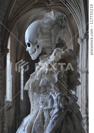 Imagine a spectral skeleton dressed in Victorian clothing, surrounded by a mysterious and elegant gothic ambiance, fusing sophistication and history with a touch of creepiness 117735219