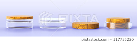 3d glass and wooden cylinder product podium display. Crystal pedestal and natural brown round platform with wood texture, transparent clear plastic circle stand isolated render set. 3D illustration 117735220