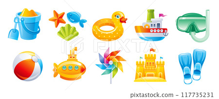 Beach toys in 3d render cartoon style. Summer vector icons. Plastic sea vacation objects. 3d ball, inflatable ring, sand mold, sand castle, pinwheel, mask, toy boat, bucket. Cute beach render element 117735231