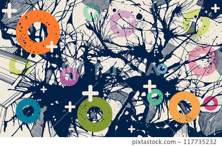 Abstract poster with rainbow circles and black paint drips. Color geometric elements with retro background and liquid ink splatter. Modern art banners with black cracks. Vector y2k poster illustration 117735232