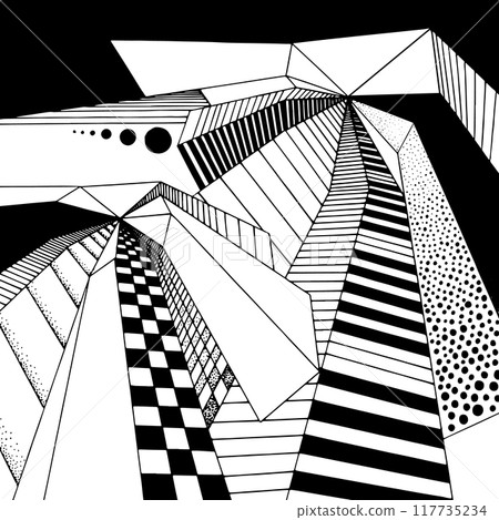 Abstract 3d design poster. Vector background with retro space pattern. 3d shape art. Brutal abstract elements. Graphic geometry. Creative vintage grid posters. 1970s and 1980s y2k futuristic landscape 117735234