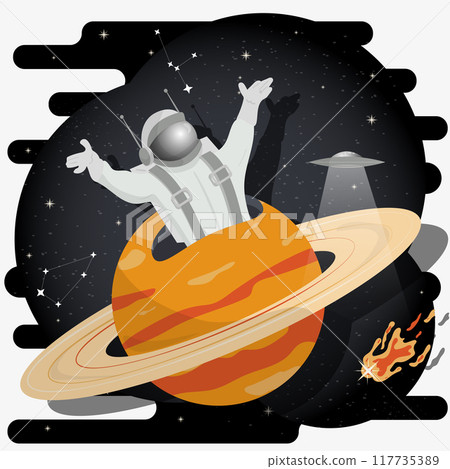An astronaut in a spacesuit among the stars in outer space appears from a planet with rings flat childrens doodles An astronaut in a spacesuit among the stars in outer space appears from a planet with rings flat childrens doodles 117735389