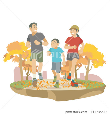 一個家庭在秋季公園跑步的插圖 117735516