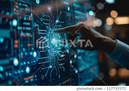 A businessman uses a touch to interact with a neural network abstract technology 117735572