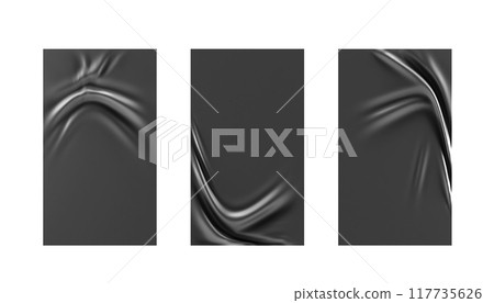3d set of black plastic film wrap bag package texture background. Stretch polyethylene or cellophane render mockup, glossy glued paper sheet with wrinkle and fold, crumpled effect. 3D illustration 3d set of black plastic film wrap bag package texture background. Stretch polyethylene or cellophane render mockup, glossy glued paper sheet with wrinkle and fold, crumpled effect. 3D illustration 117735626