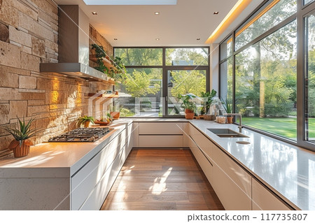 Modern kitchen with a white counter and a window with a view of a yard Modern kitchen with a white counter and a window with a view of a yard 117735807
